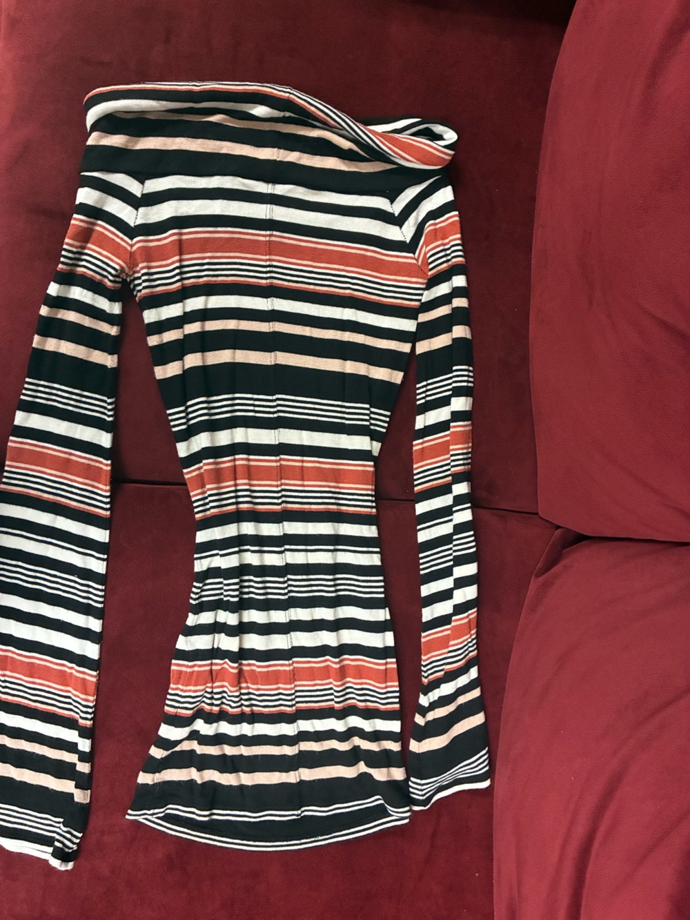Free People Striped Off-Shoulder Long Sleeve Top in Black, White, Rust and Beige